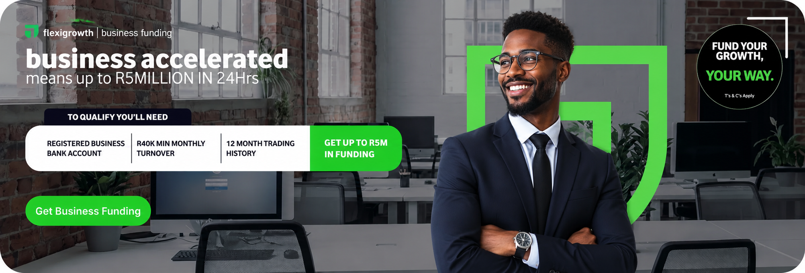 Business accelerated — up to R5 million in 24 hours. To qualify you'll need a registered business bank account, R40 000 minimum monthly turnover and 12 months trading history.